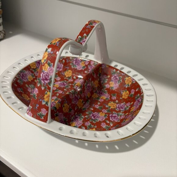 Vintage Chintz Pattern Floral Rose Ceramic Pottery Handle Divided Trinket Dish - Picture 4 of 8